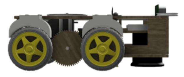 Side render of the drive: two wheels linked by a laser-cut gear