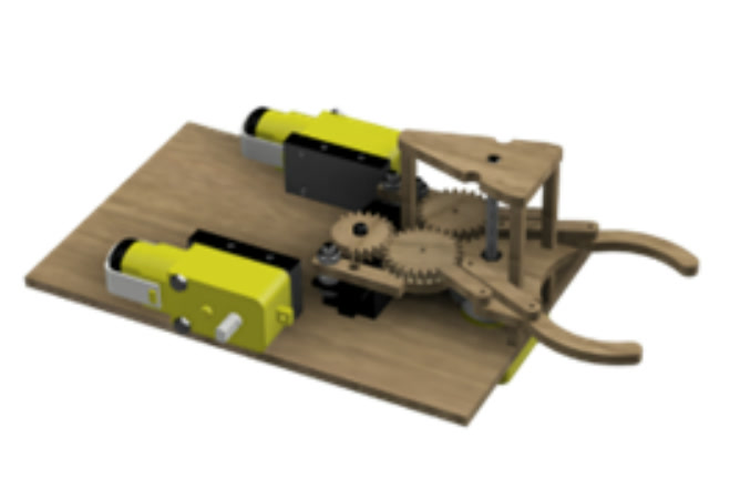 First concept render: the gripper and its gears on a base plate with two DC motors