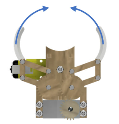 Gripper render with arrows showing the two arms swinging closed