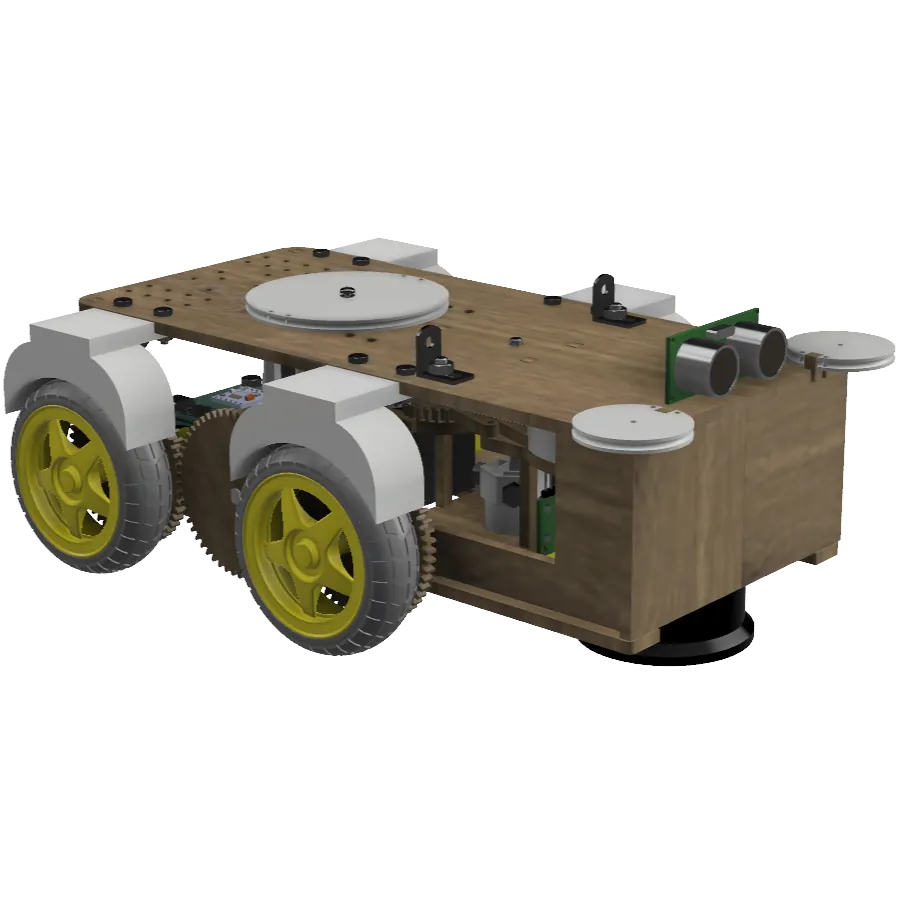 CAD render of the ASTRO waste-collection buggy: a laser-cut MDF body on four yellow wheels, with door pulleys on the roof