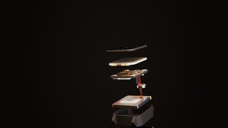 Exploded render: display, board, vibration motor, battery and case