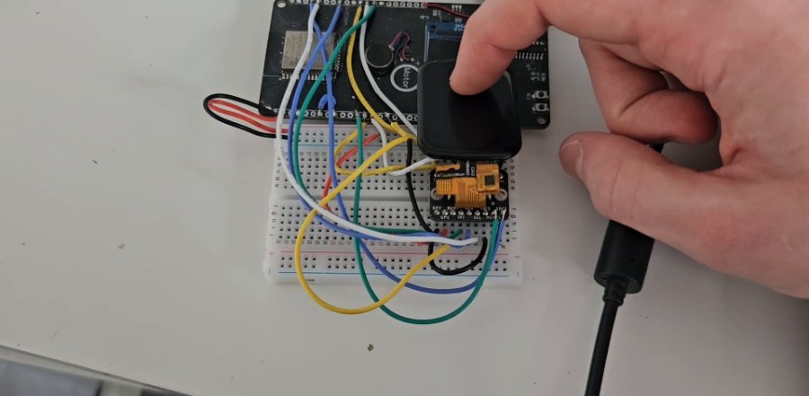 The touchscreen wired up on a breadboard
