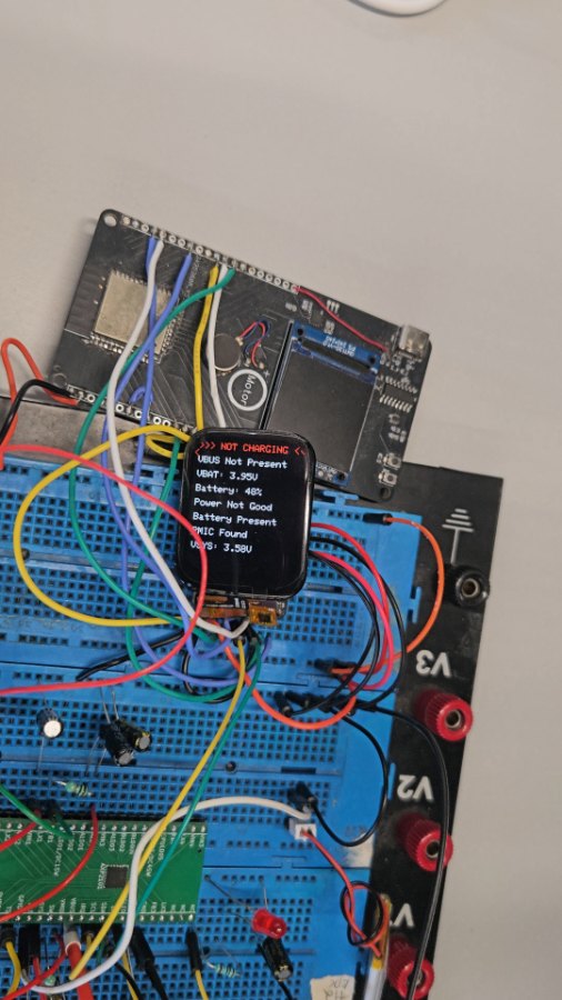 The watch screen wired to the test rig during power-chip testing