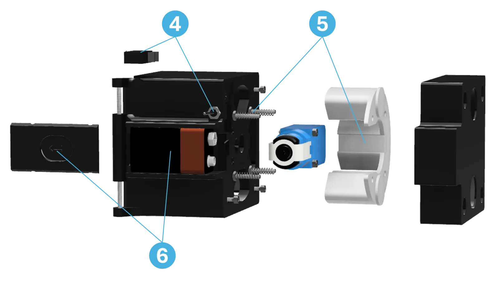 Exploded view of EWrapper from the back. Callout 4 marks the lid-closed switch, 5 the spring-loaded ejector, and 6 the 9V battery and its door.
