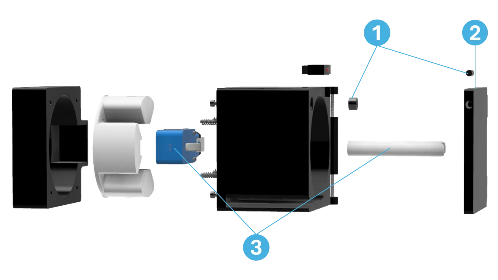 Exploded view of EWrapper from the front. Callout 1 marks the lid magnets, 2 the lid, and 3 the motor and spool.