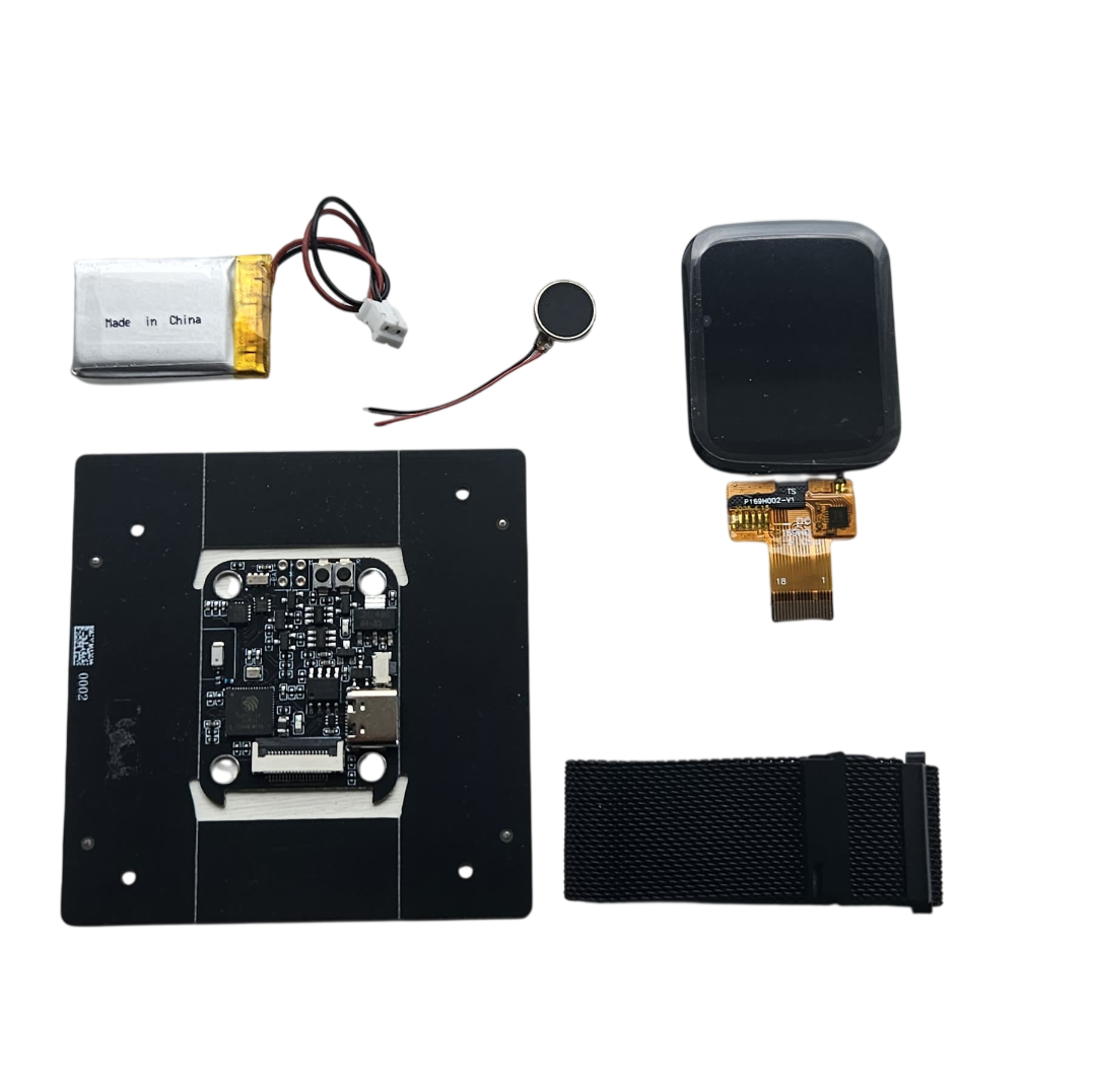 The EWatch kit laid out: circuit board, touchscreen, battery, vibration motor and mesh strap